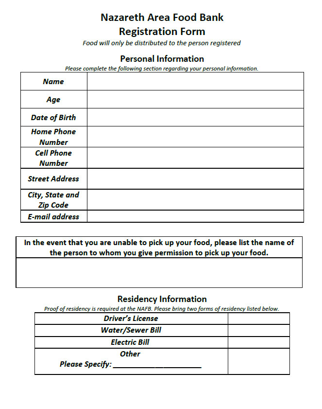Nazareth Area Food Bank Registration Form